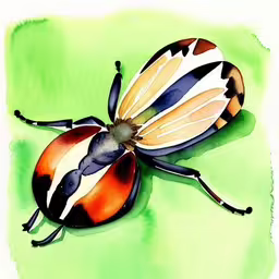 a painting of an insect on a green background,a lady bug with colorful stripes sitting on a green background