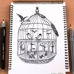 two birds in a cage and two black and white ink,the pen and the drawing are not colored
