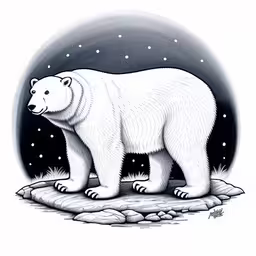 the bear is standing in a circle with stars and rocks,the polar bear is walking in front of an ice cave