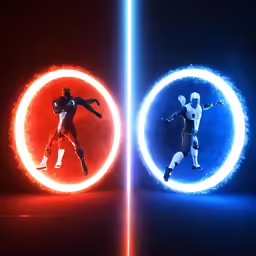 three futuristic, interconnected action figures are pictured