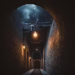 a light that is on in a dark tunnel