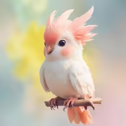 pink and white cockatoo sitting on the top of a branch