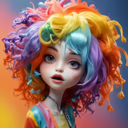 a doll with long, multi - colored hair and a necklace