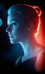 a woman standing in front of a blue light