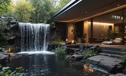a waterfall in the middle of a pool and waterfall next to it