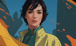 a woman with black hair and blue eyes