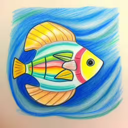 a drawing of a small fish with long, yellow fins,the fish was colored as a rainbow fish