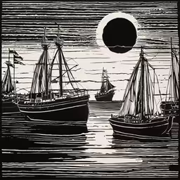 two ships and the moon are seen in a painting,two ships are passing each other in the water