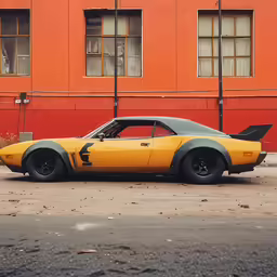 a yellow classic sports car is parked on the side of the road