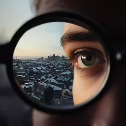 the man is looking through a magnifying glass
