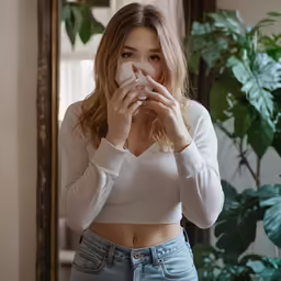 the woman is posing for the camera with her stomach exposed