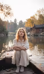 a woman sitting in the end of a boat in the water