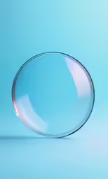 a blue background has a thin round, glass dish on it