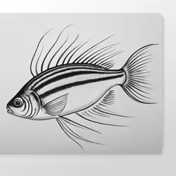 a black and white drawing of a fish on paper