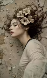 a woman laying down with a bunch of hair on her head