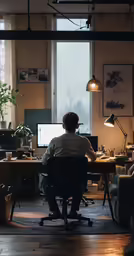 man sitting at his desk working on his laptop in an open office