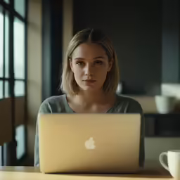 a woman looks at her laptop computer screen