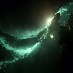 a green light shines off of a mountain side