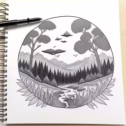 a drawing of a forest landscape surrounded by a stream,a notebook with trees and mountains in the background,a spiral notebook with a drawing of trees and a river in a forest,an illustration on a white notebook, with a pen resting in front of it,a drawing of trees, mountains, and a stream with a bird flying over