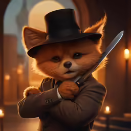 a fox wearing a top hat, coat and holding a sword