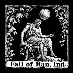 the roman statue sits on the edge of the wall with leaves and moon above it