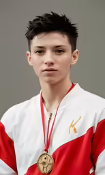 a boy with a gold medal and a star trek necklace