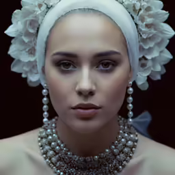 an elaborate head piece with pearls and flowers