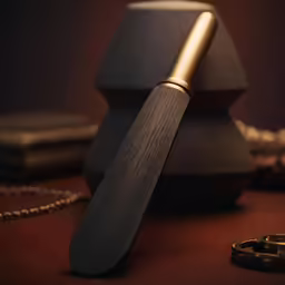 a small wooden knife on a leather surface