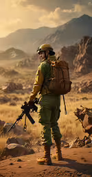 a soldier holding a rifle standing in the desert,soldier with rifle on dirt field in arid country