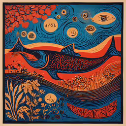 an illustration with words in different languages on it,an image of a painting with fish
