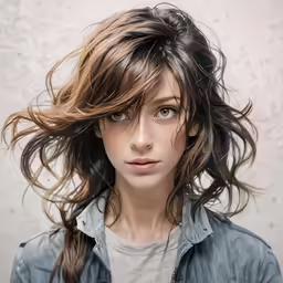 a woman with long hair and gray shirt