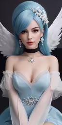 a very pretty doll with blue hair and angel wings