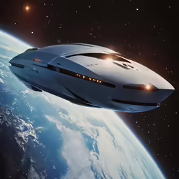 the spaceship is flying by the earth
