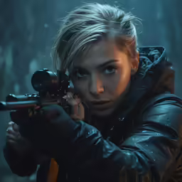 a woman with a gun on a snowy night