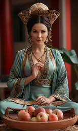 a woman wearing a green dress holding a basket with apples