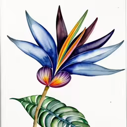 blue and purple flower on white with leaves,a painting of a flower and leaves on a white background