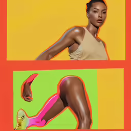 a woman is depicted in a multi - color photo and then with leg high stockings