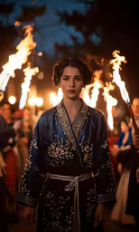 an actor dressed in an asian costume with torches