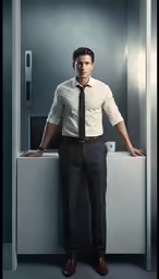 man in suit standing in corner of room holding hands on side of door