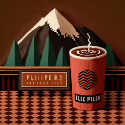 a cup sitting on top of a counter in front of a sign that reads pulligers brewing