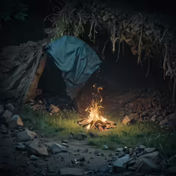 fire in the ground lite with two large tents set up behind