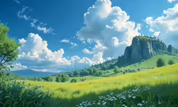 this is a painting of grass, trees and clouds