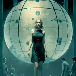a woman is walking through a room with lots of people
