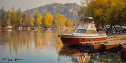a boat is moored at a dock in the middle of a lake,a red boat in the water near some dock
