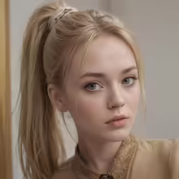 this is an attractive young blonde woman wearing a collared shirt