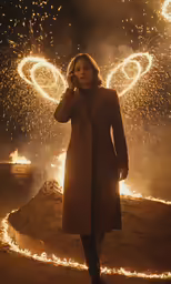 a person standing next to a bunch of firework