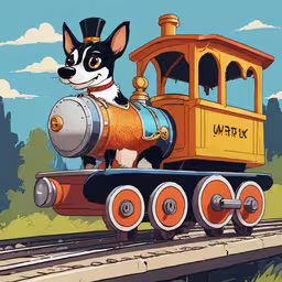 the cartoon dog is riding on top of a toy train,a dog is riding on a miniature train