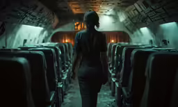 a woman in an aircraft looking at the ground