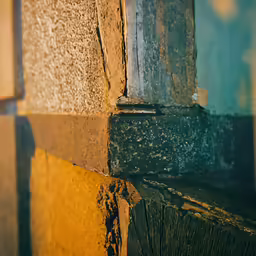 a close - up of the corner of an old wooden door, with yellow and green paint on it