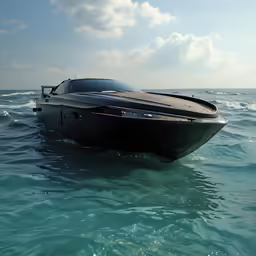a black boat in a body of water